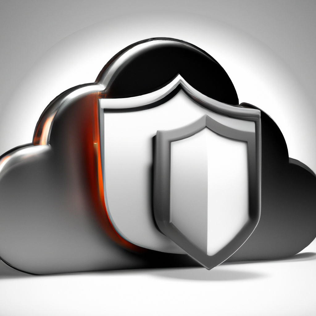 Стилизованная 3D-иллюстрация щита и облака, символизирующая безопасное хранение данных, с мягкими бликами и детализированной поверхностью