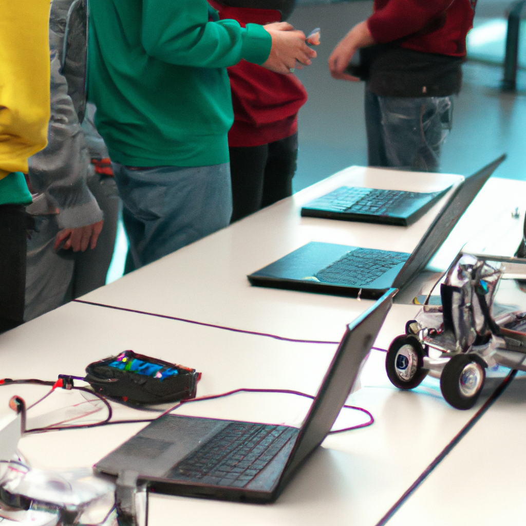 Atelier de robotique: élèves assemblant des robots dans un laboratoire moderne avec ordinateurs